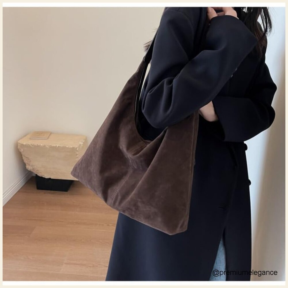 Faux Suede Hobo Tote Shoulder Bag 15.4 Inches Travel Work Purse - Picture 4 of 7